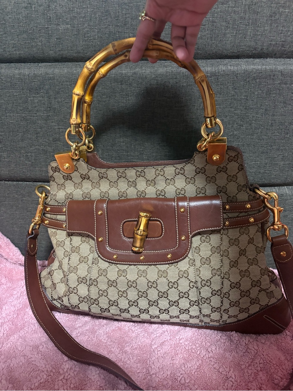 Gucci Beige GG Canvas Brown Leather Bamboo-Handle Shoulder Bag